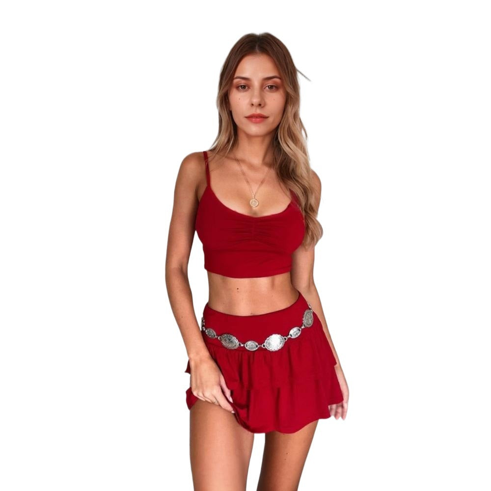 Chic & Stil Women's Short Top Set and Mini Skirts with Ruffles and Elastic Waist