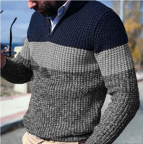 Men's Knitted Pullover with Textured Surface and Half Zipper Lune London