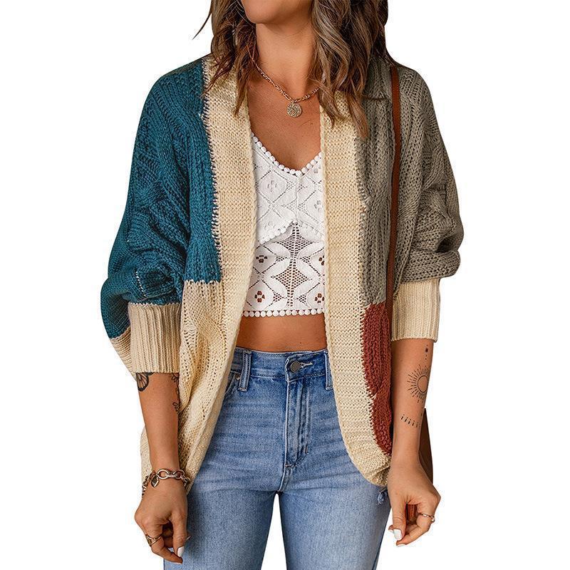 Ladies Elegant Knit Cardigan with Relaxed Fit and Chic Color Block Design