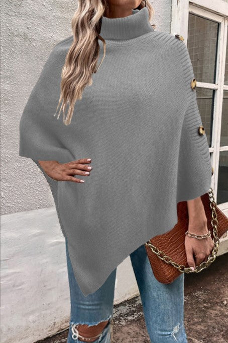 Ladies knitted poncho with high collar and button details Lune London