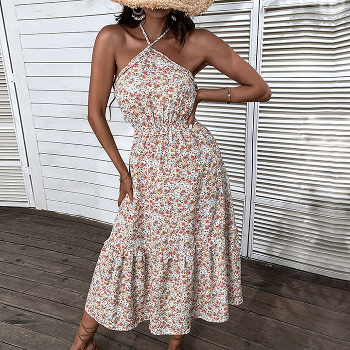 Floral maxi dress for women with elegantly tied neckline Lune London