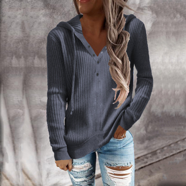 Fashionable ribbed design women's hoodie with button placket Lune London