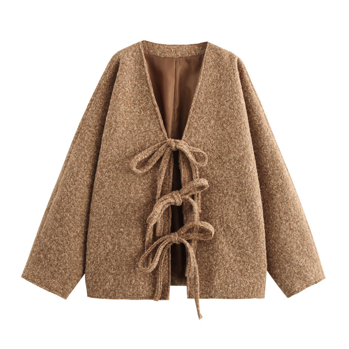 Oversized wool coat for women with decorative bow details Lune London