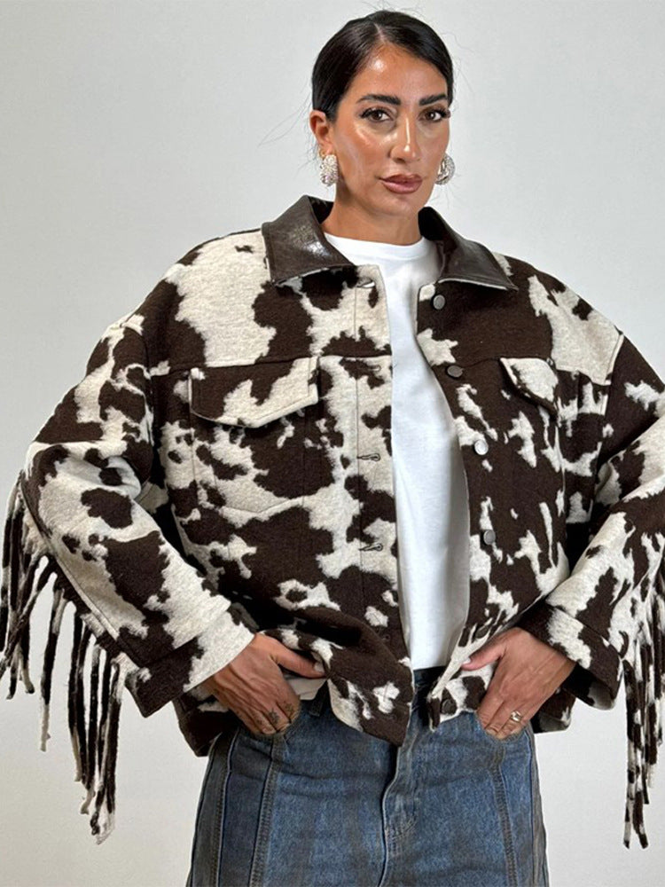 Fringed oversized jacket for women with cow print Lune London