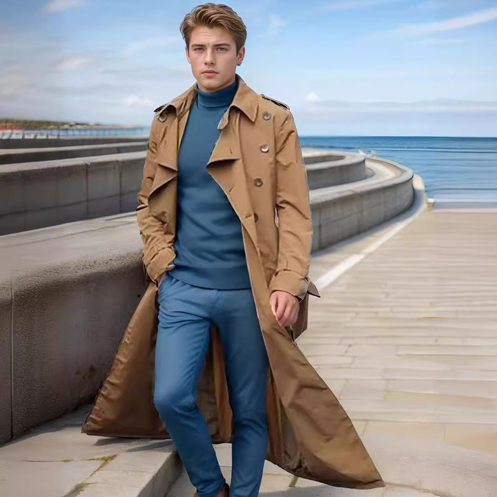 Long trench coat for men with a modern cut and practical pockets Lune London