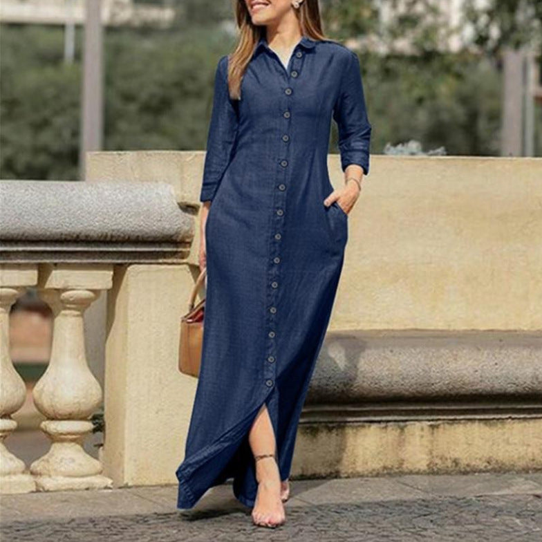 Maxi dress with long sleeves, button placket, and side pockets Lune London