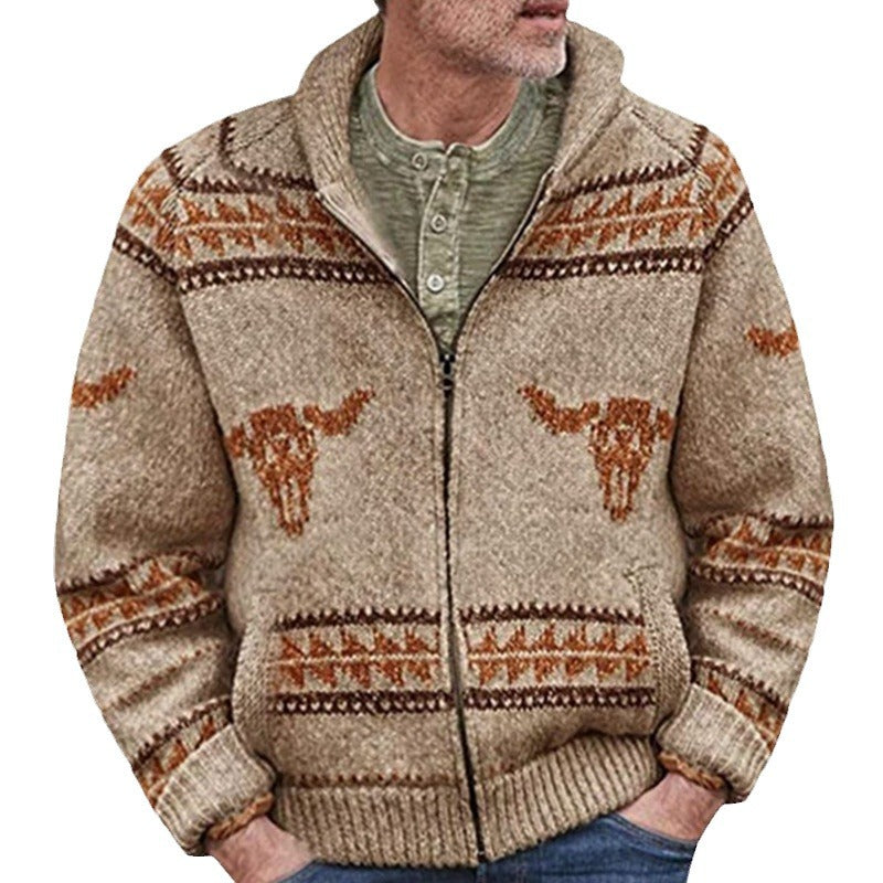 Sweater jacket for men with a unique Far West pattern and a warm lining Lune London