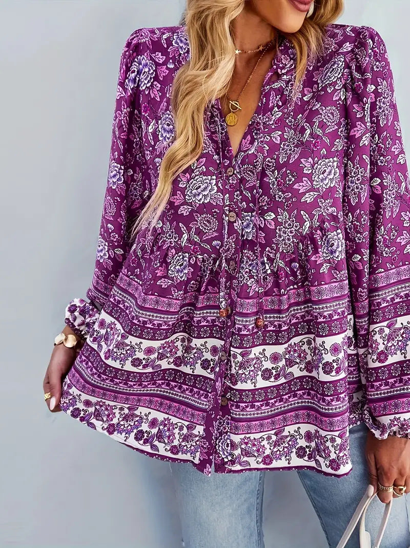 Woman blouse with colorful floral pattern and puff sleeves Lune London