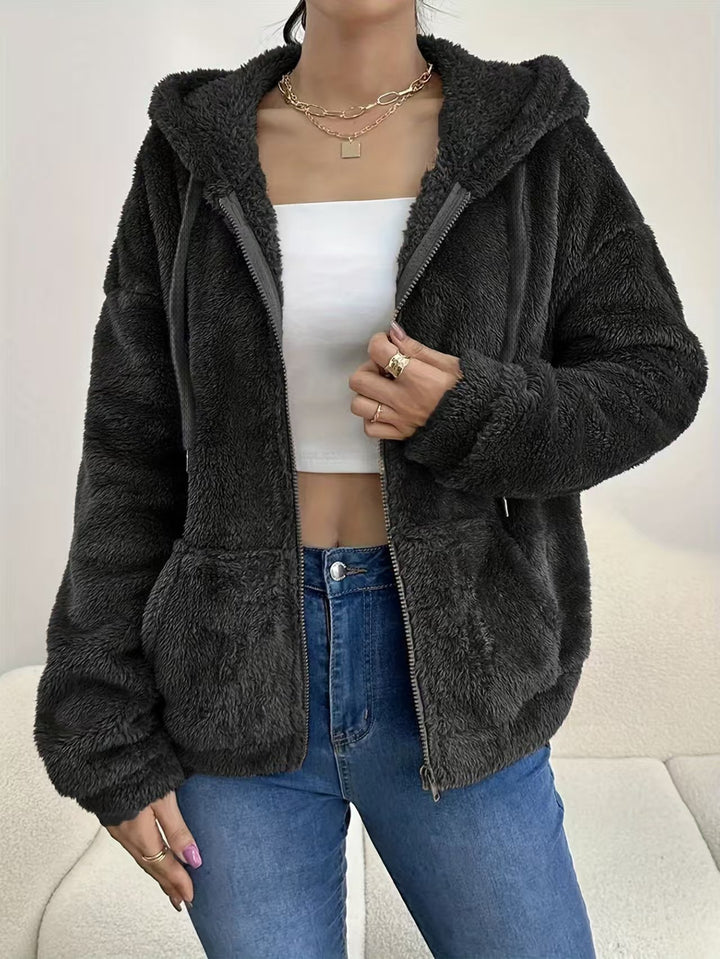 Ladies Cozy Fleece Jacket with Hood and Side Pockets Lune London