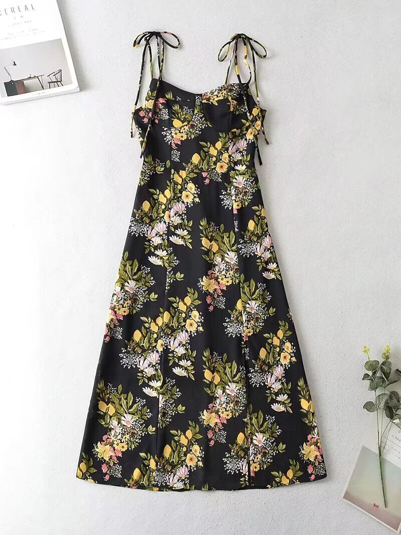 Maxi dress for women with floral design and thin spaghetti straps Lune London