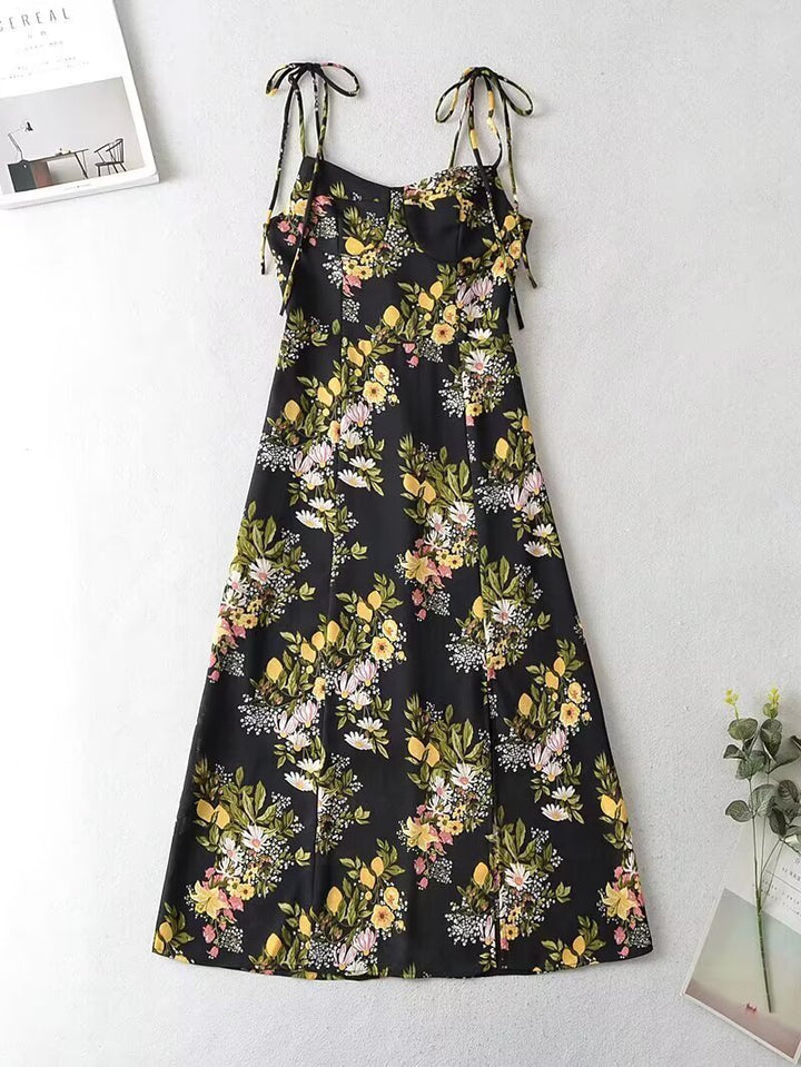 Maxi dress for women with floral design and thin spaghetti straps Lune London