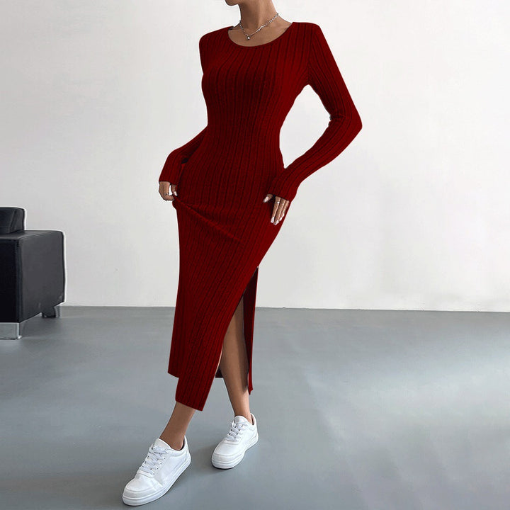 Robe maxi en maille pour femme avec manches longues et fente latérale Chic & Stil
