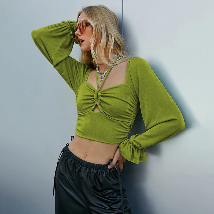 Chic & Stil Women's Short Long Sleeve Shirt with Complex Ruffle Patterns and a Tying Detail