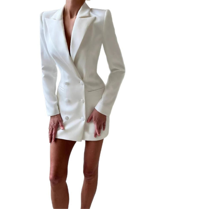 Women's blazer dress with double button design and deep V-neck Lune London