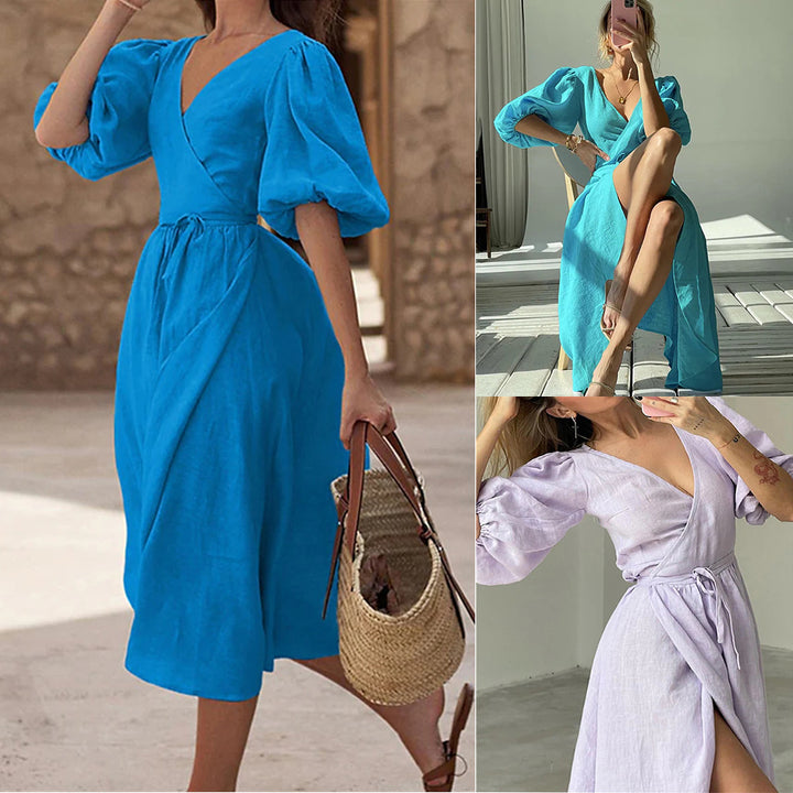 Maxi wrap dress for women with puff sleeves and a tie belt Lune London
