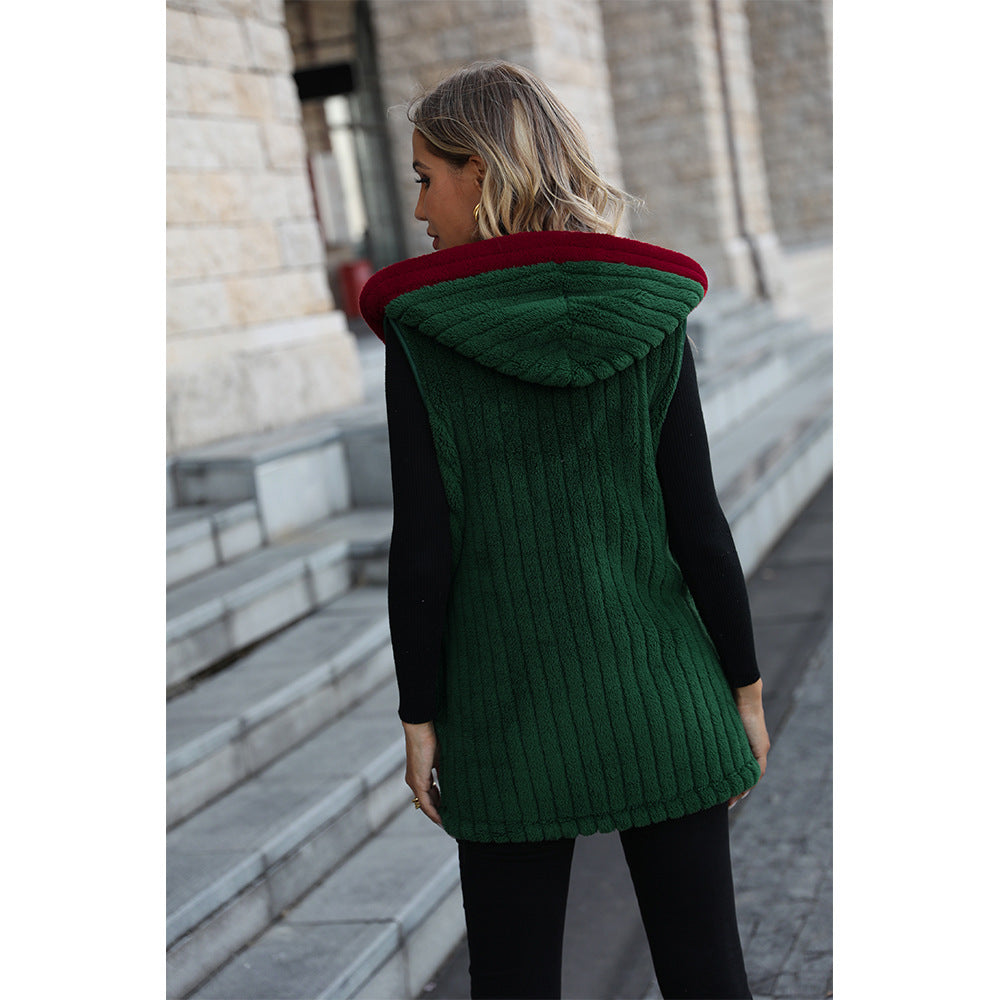 Ladies Cozy Fleece Hooded Vest with Chic Festive Embroidery and Style