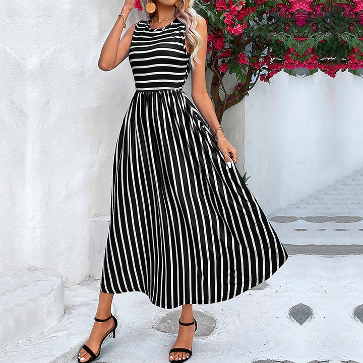 A-line striped maxi dress for women with ample elegance Lune London