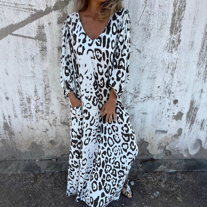 Maxi dress for women with an exclusive leopard pattern and practical side pockets Lune London