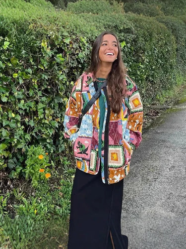 Ladies quilted jacket design with colorful patterns Lune London