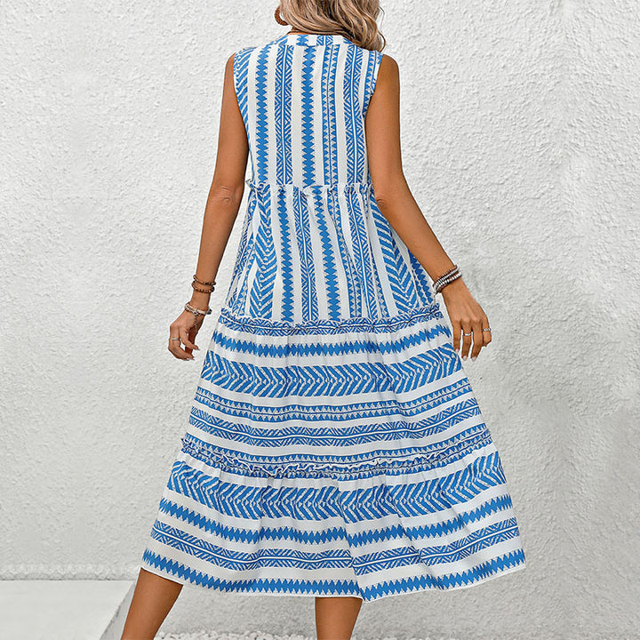 Elegant sleeveless mid-length dress for women with geometric print and button details Lune London