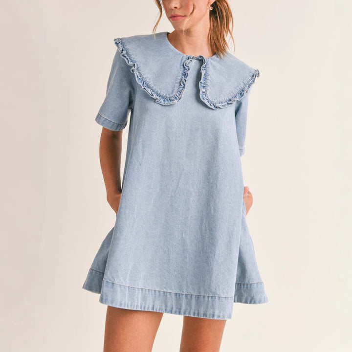 denim dress for women with voluminous collar and ruffle details Chic & Stil