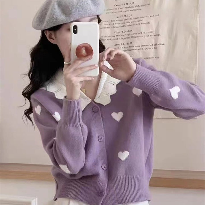 Knit jacket for women with heart pattern and classic collar Lune London