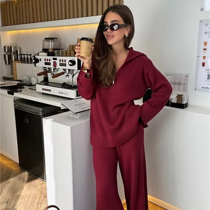 Comfortable knitted loungewear set for women with hood and wide legs Lune London