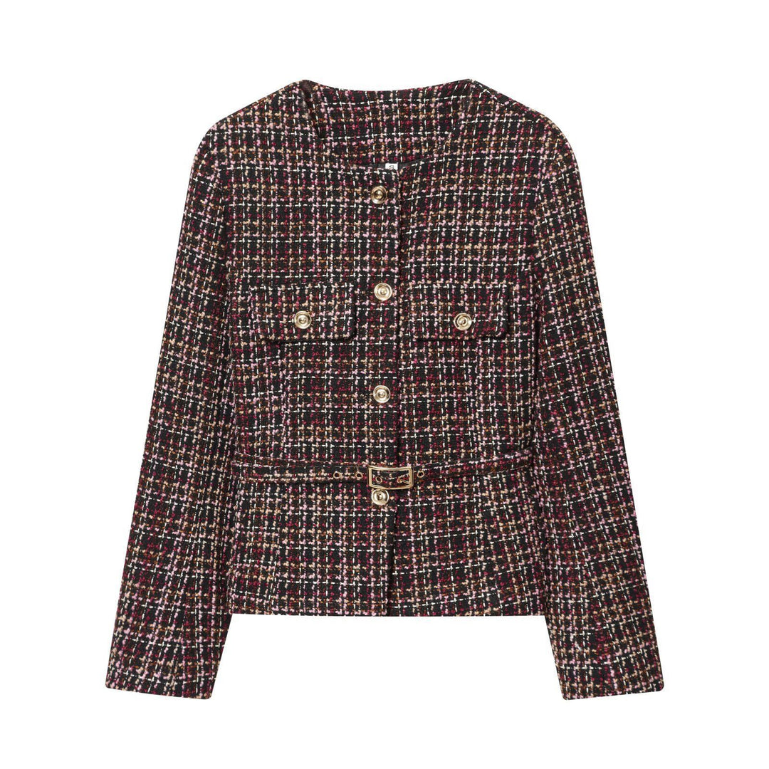 Veste en tweed élégante pour femmes avec boutons décoratifs et ceinture amovible Chic & Stil