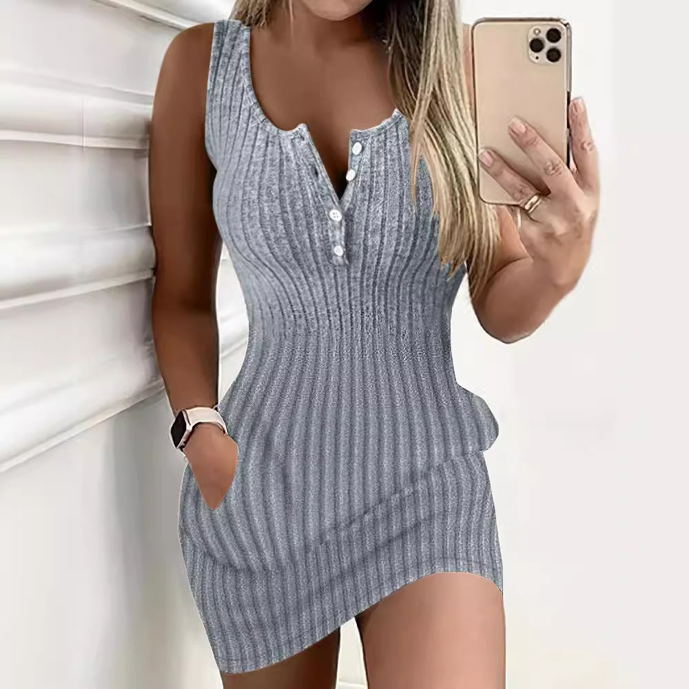 Lune London ribbed knit casual mini dress for women with button details