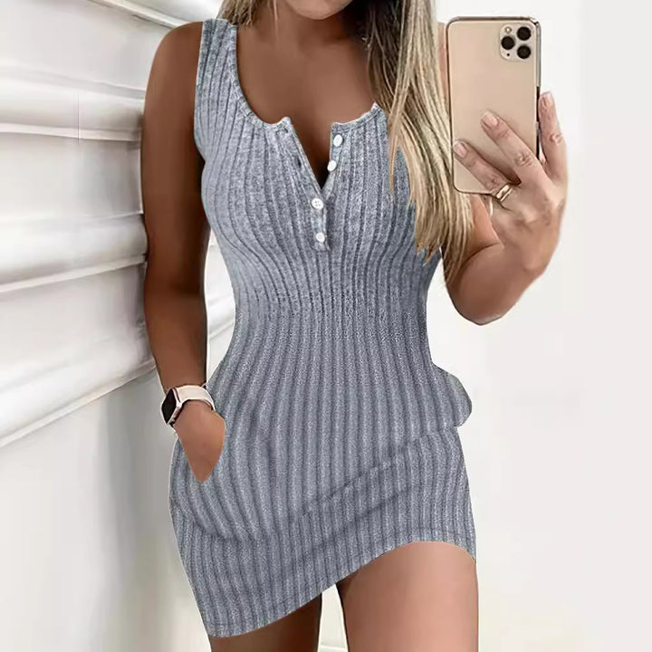Lune London ribbed knit casual mini dress for women with button details