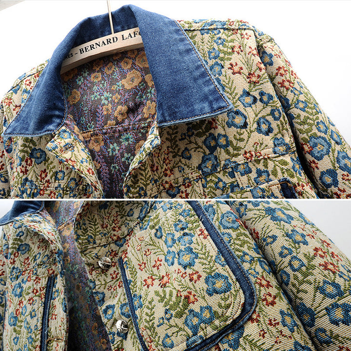 Floral patterned denim jacket for women with applied pockets and collar Lune London