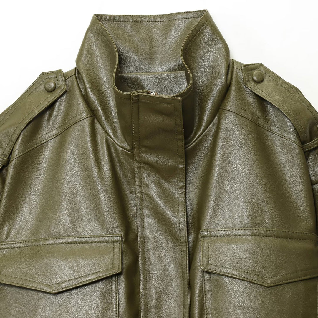 Cropped faux leather jacket for women with practical pockets and high collar Lune London