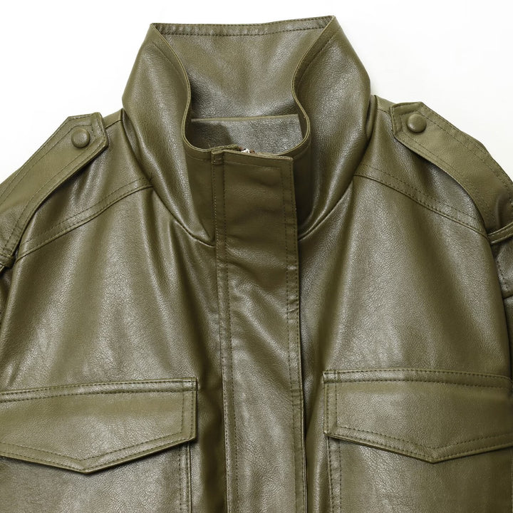 Cropped faux leather jacket for women with practical pockets and high collar Lune London