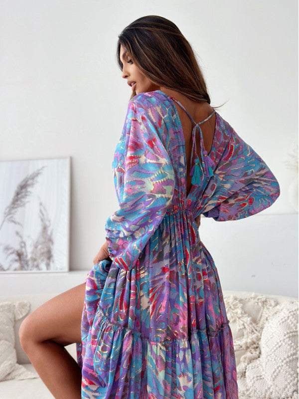 Maxi dress for women with an elegant back neckline and wide ruffled sleeves Lune London