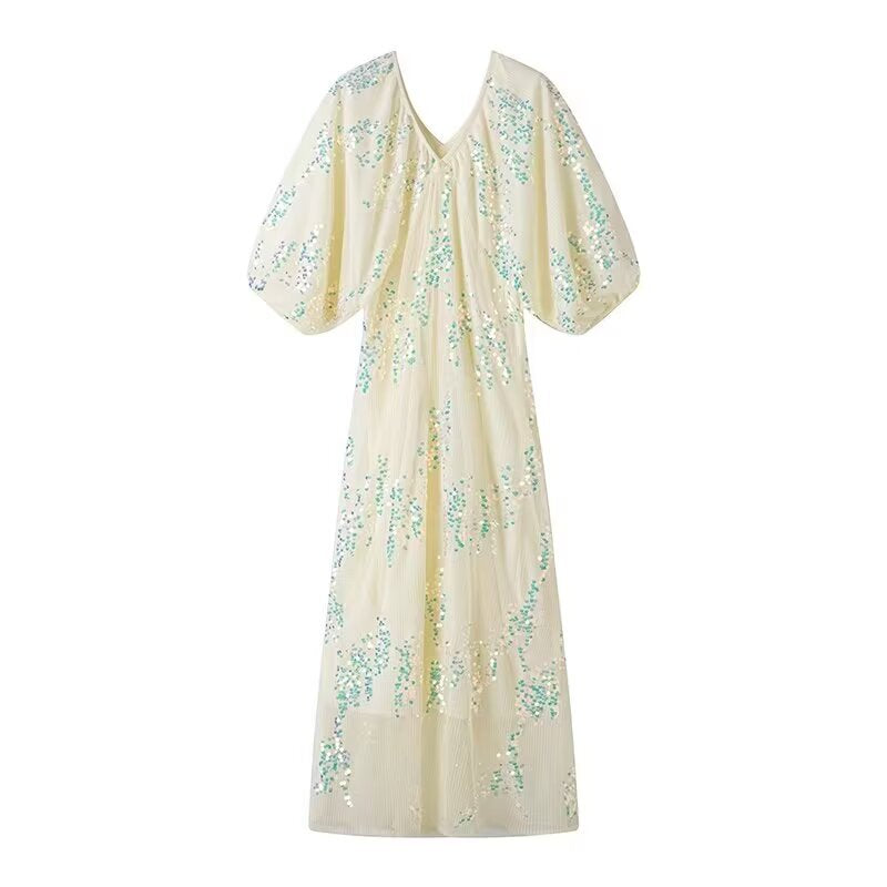 Maxi dress for women with voluminous puff sleeves and a floral rhinestone design Lune London
