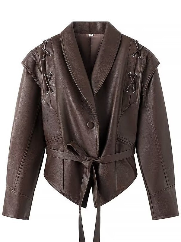 Fitted faux leather jacket for women with playful lace-up detail Lune London