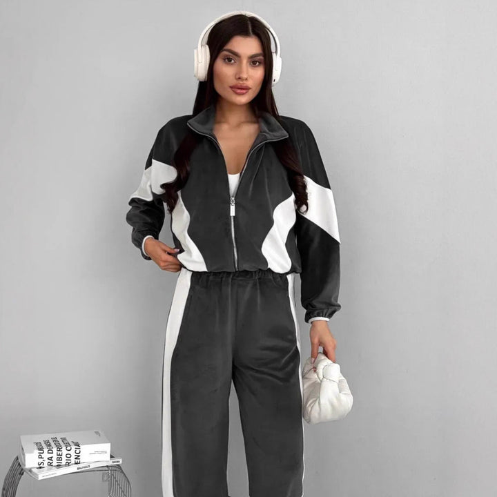 Women's Sport Velvet Jogging Set with Zip and Side Stripes Lune London