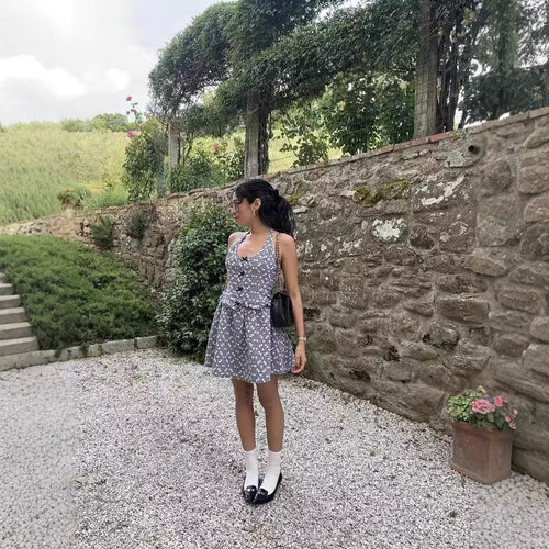 Leisure dress for ladies with a playful backless design and a floral plaid pattern Lune London
