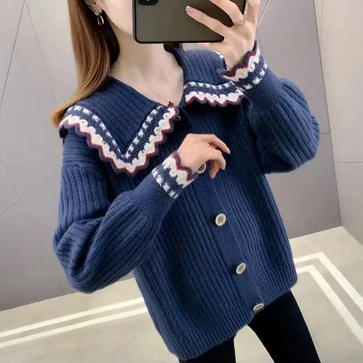 Knitted jacket for women with decorative collar and large buttons Lune London