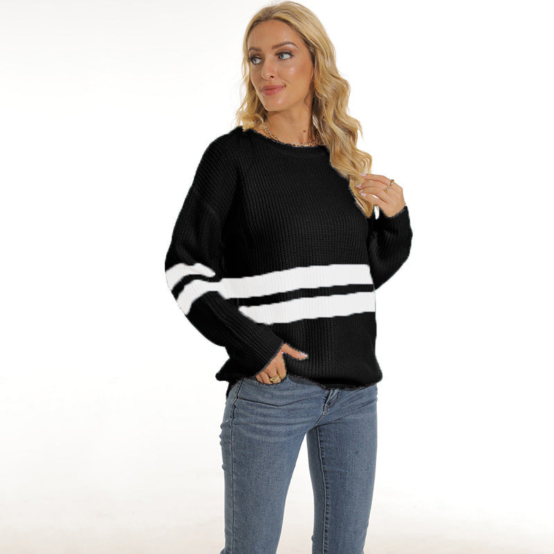 Chunky knit pullover for women with sporty striped pattern and relaxed fit Lune London