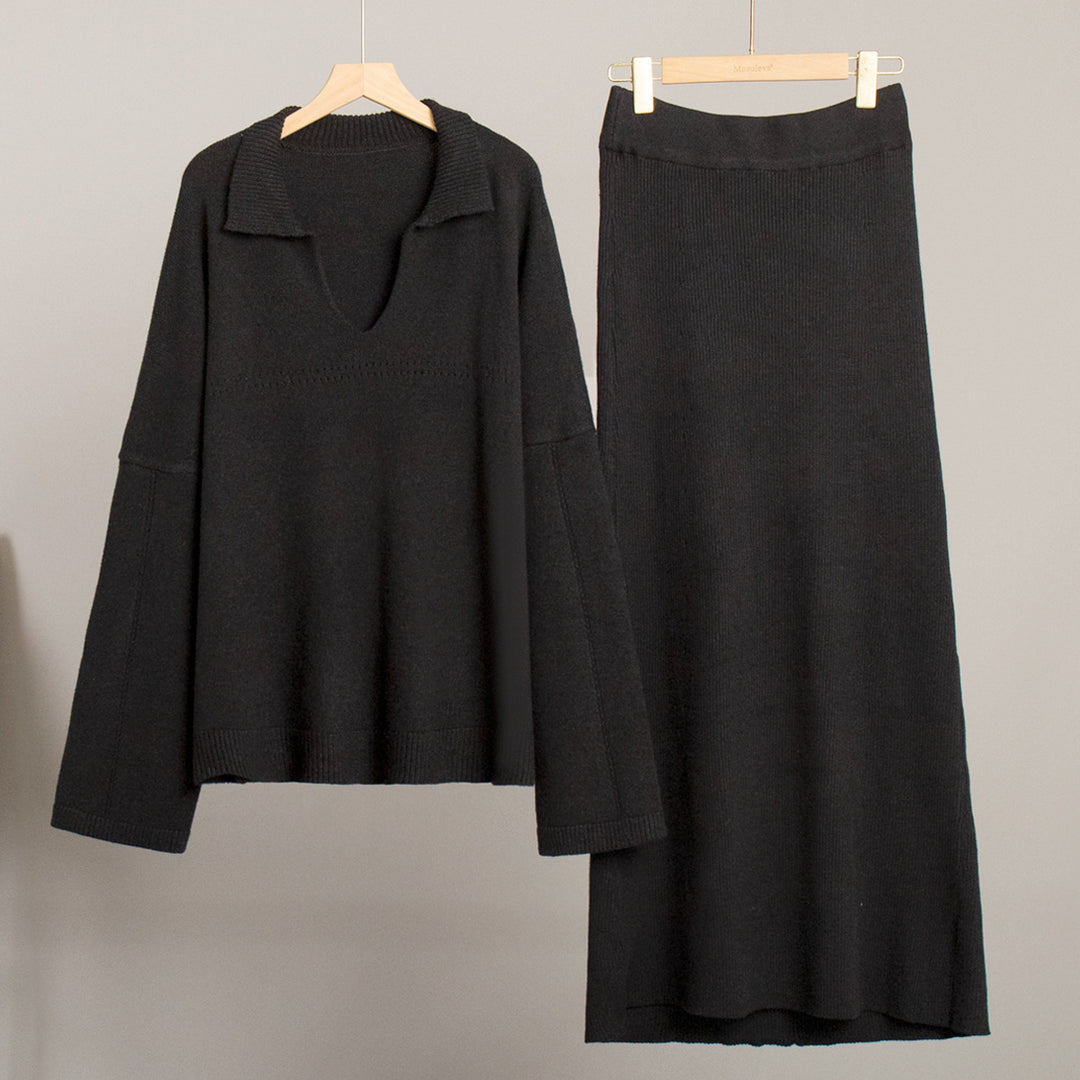 Modest knit set for ladies with a loose fit and deep V-neck Lune London