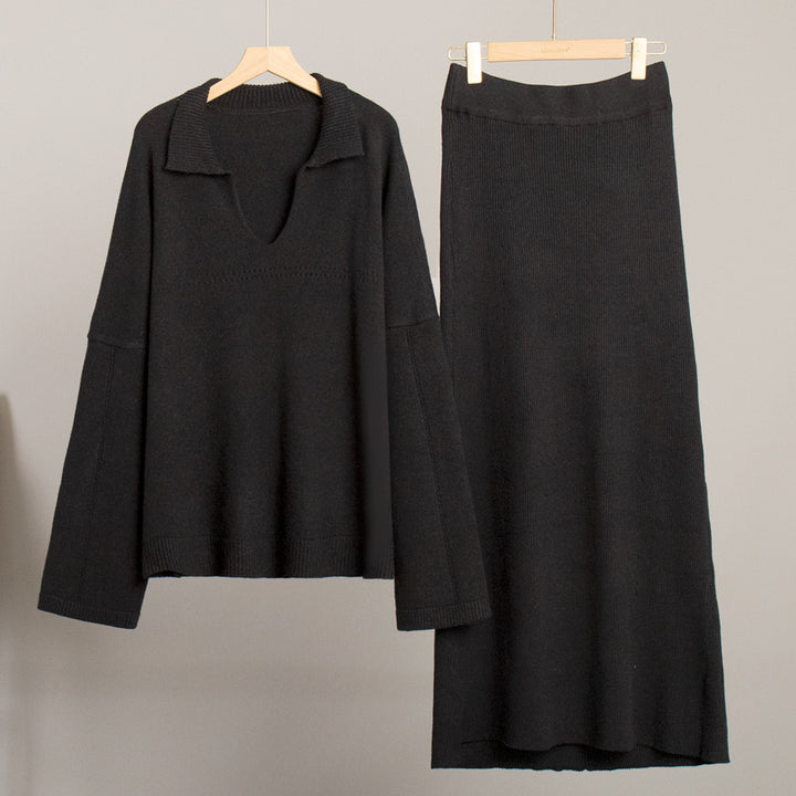 Modest knit set for ladies with a loose fit and deep V-neck Lune London
