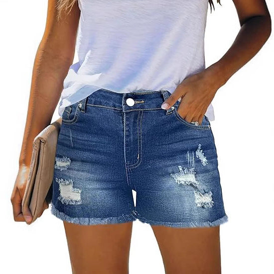 Women Destroyed Denim Shorts with Frayed Hems and Casual Fit Lune London
