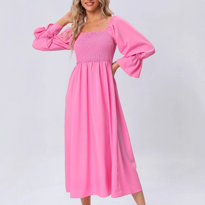 Midi dress for ladies with elastic puff sleeves and a romantic waist tie Lune London