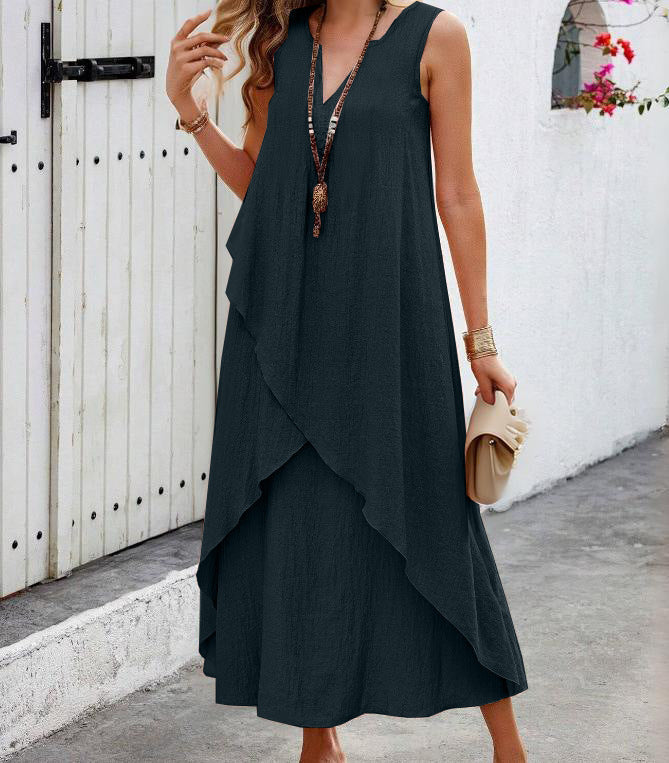 Casual maxi dress for women with layered ruffles and modern V-neck Lune London