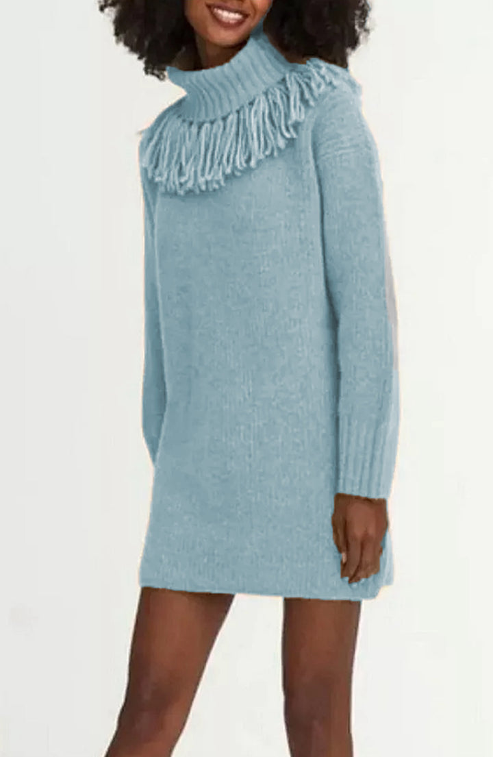 Knit dress for women with high turtleneck and trendy fringes Lune London