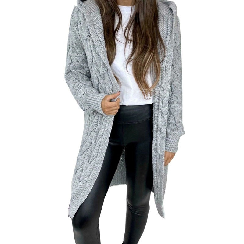 Ladies Long Knit Coat with Textured Braid Design and Practical Hood Chic and Style