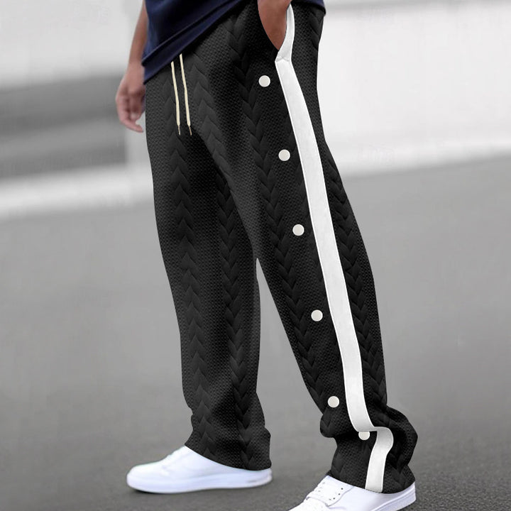 Casual cargo pants for men with side snap buttons and modern textile textures Lune London