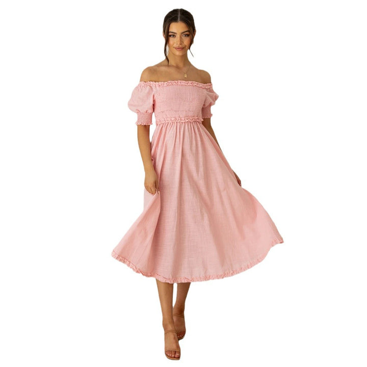 Women's Off-Shoulder Midi Dress with Airy Silhouette and Ruffle Details Lune London