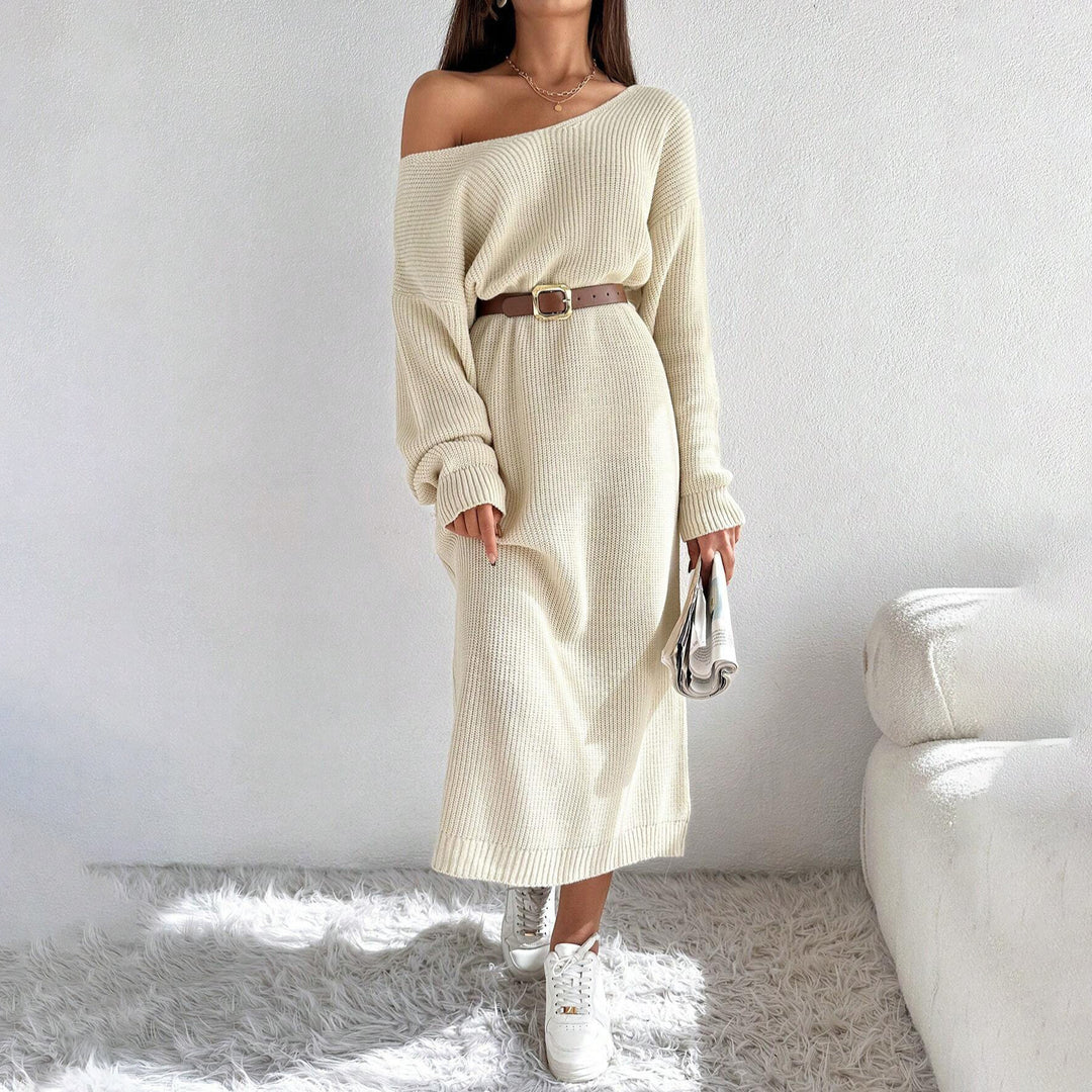 Casual knitted dress for women with an asymmetric cut and an elegant belt Lune London